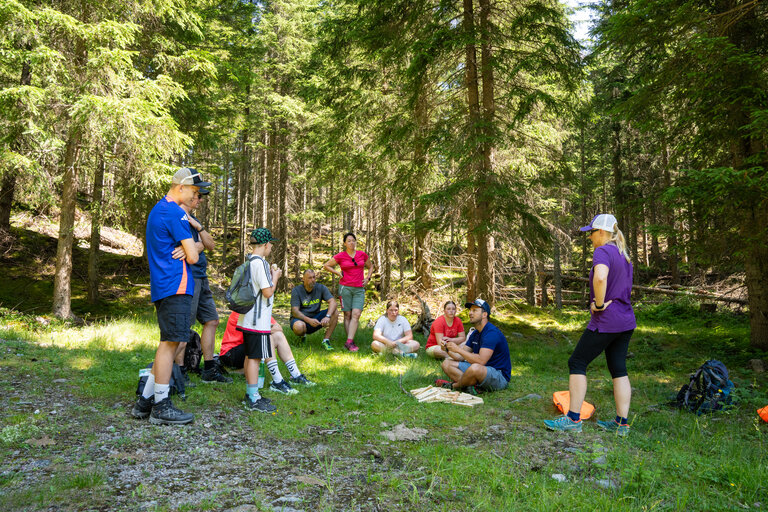 Gruppe auf Waldlichtung bespricht verschiedene Lagerfeuerarten bei einer geführten Familienwanderung. | © TVB/Laura Passenbrunner