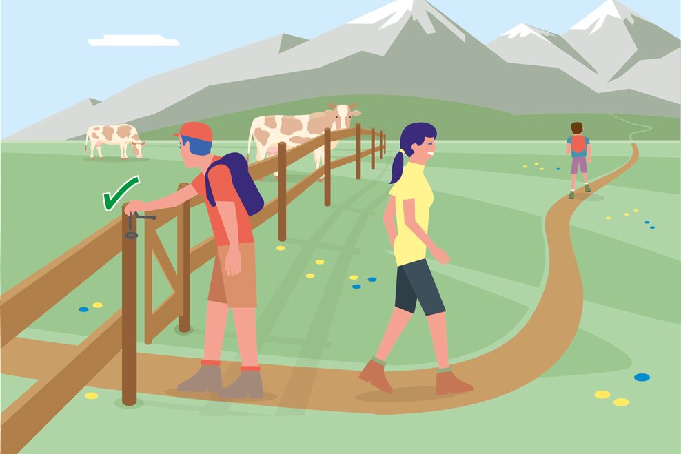 Zäune sind zu beachten! Falls es ein Tor gibt, dieses nutzen, danach wieder gut schließen und Weide zügig queren! | © BMLRT/Andreas Rampitsch