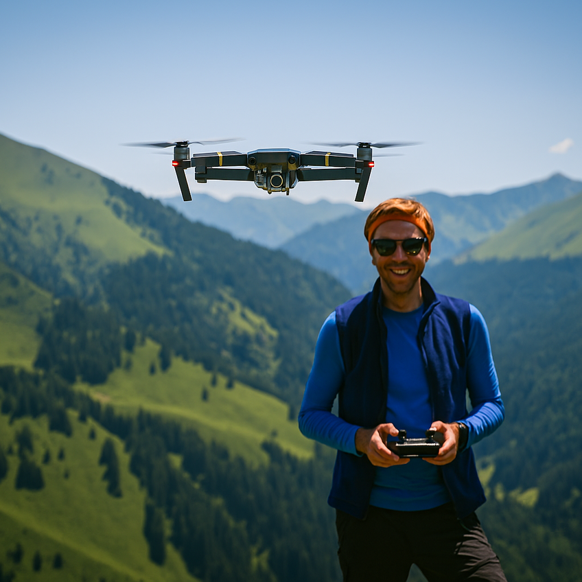 Ein Wanderer mit seiner Drohne in den Bergen | © Chat-GPT