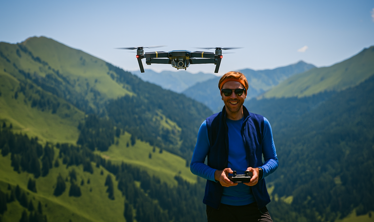 Ein Wanderer mit seiner Drohne in den Bergen | © Chat-GPT