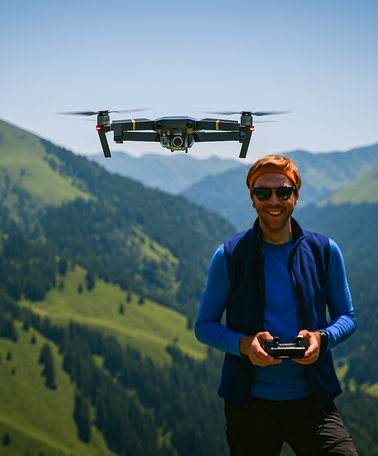 Ein Wanderer mit seiner Drohne in den Bergen | © Chat-GPT