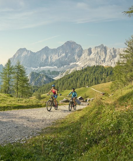 Two e-bikers with the Dachstein mountain in the background | © Peter Burgstaller