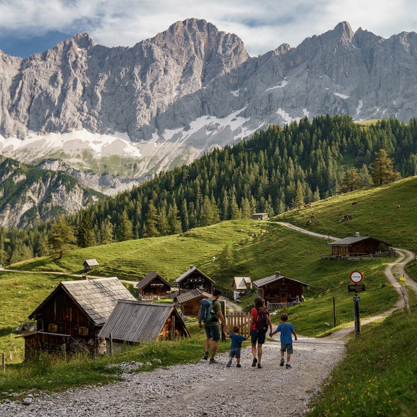 Neustattalm mit dem Dachsteinmassiv im Hintergrund und einer Familie, die in Richtung Neustattalm wandert | © Christine Höflehner