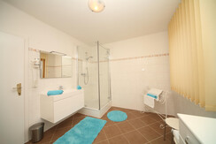 Waschbecken, Dusche und WC