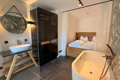 Designer bathroom with bathtub and shower