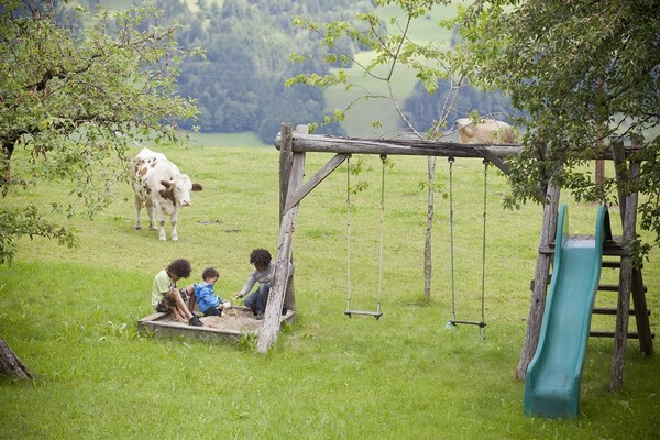 Moserhof - spielende Kinder mit Kühen und Schaukel